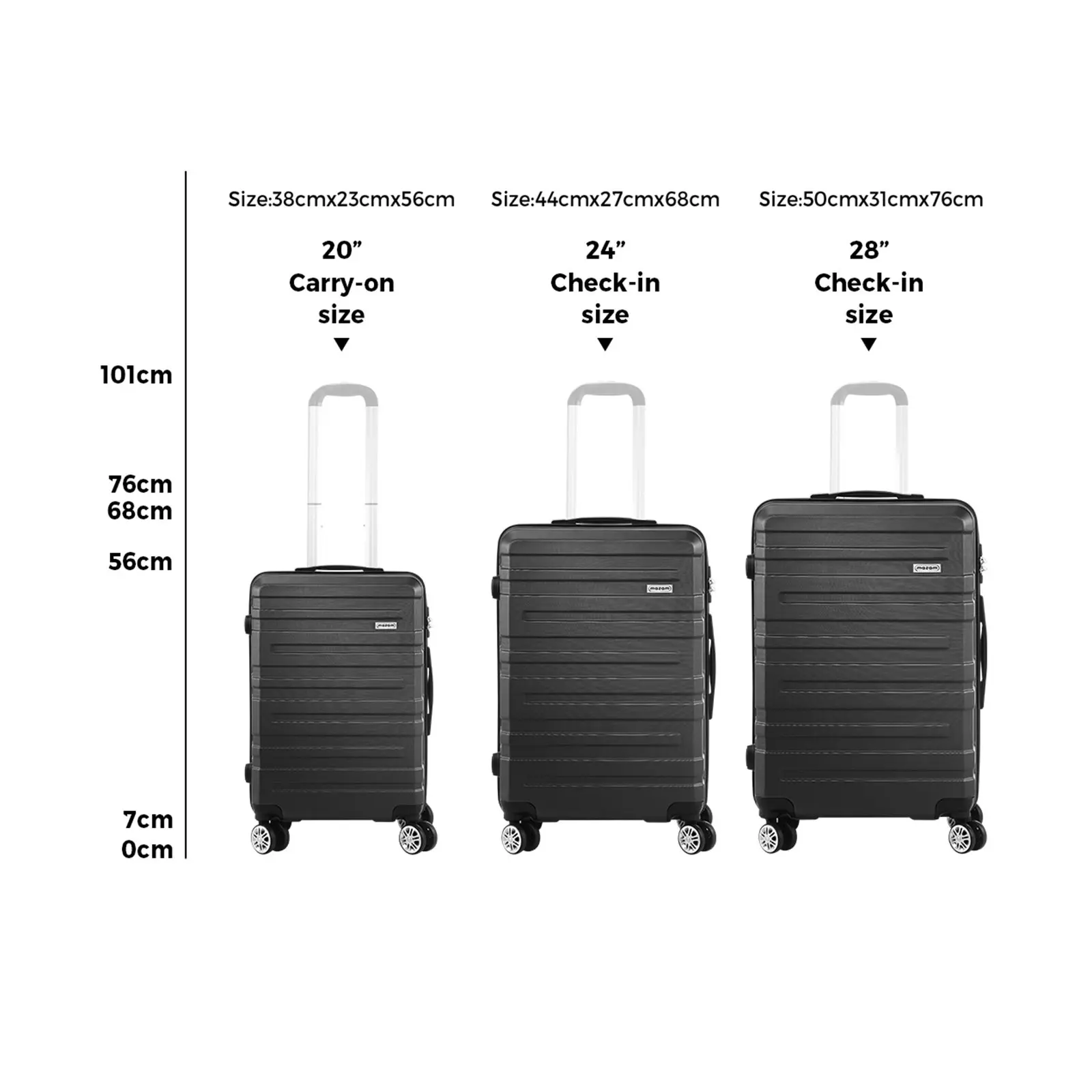 Mazam 3PCS Luggage Suitcase Trolley Set Travel TSA Lock Storage Hard Case Black