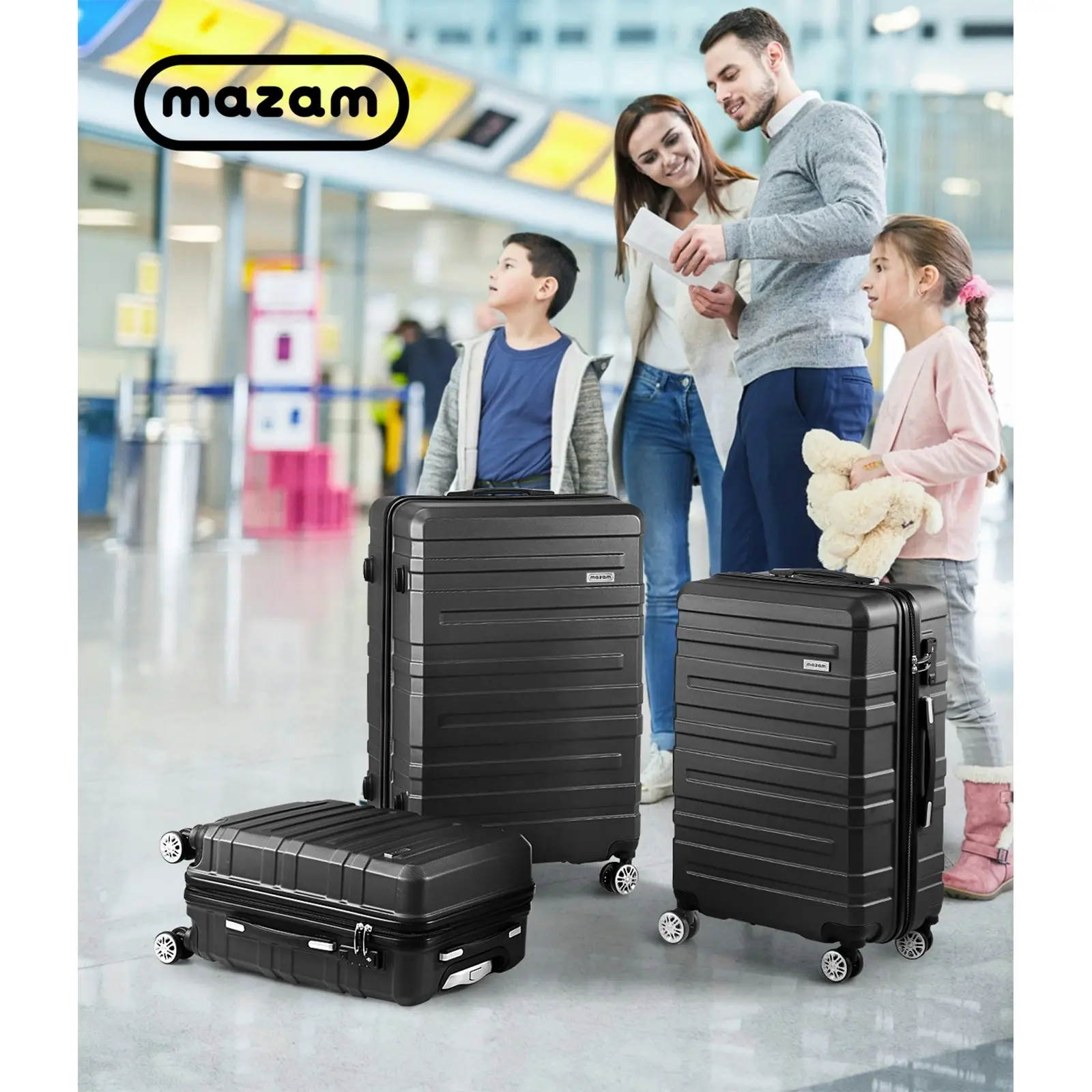 Mazam 3PCS Luggage Suitcase Trolley Set Travel TSA Lock Storage Hard Case Black