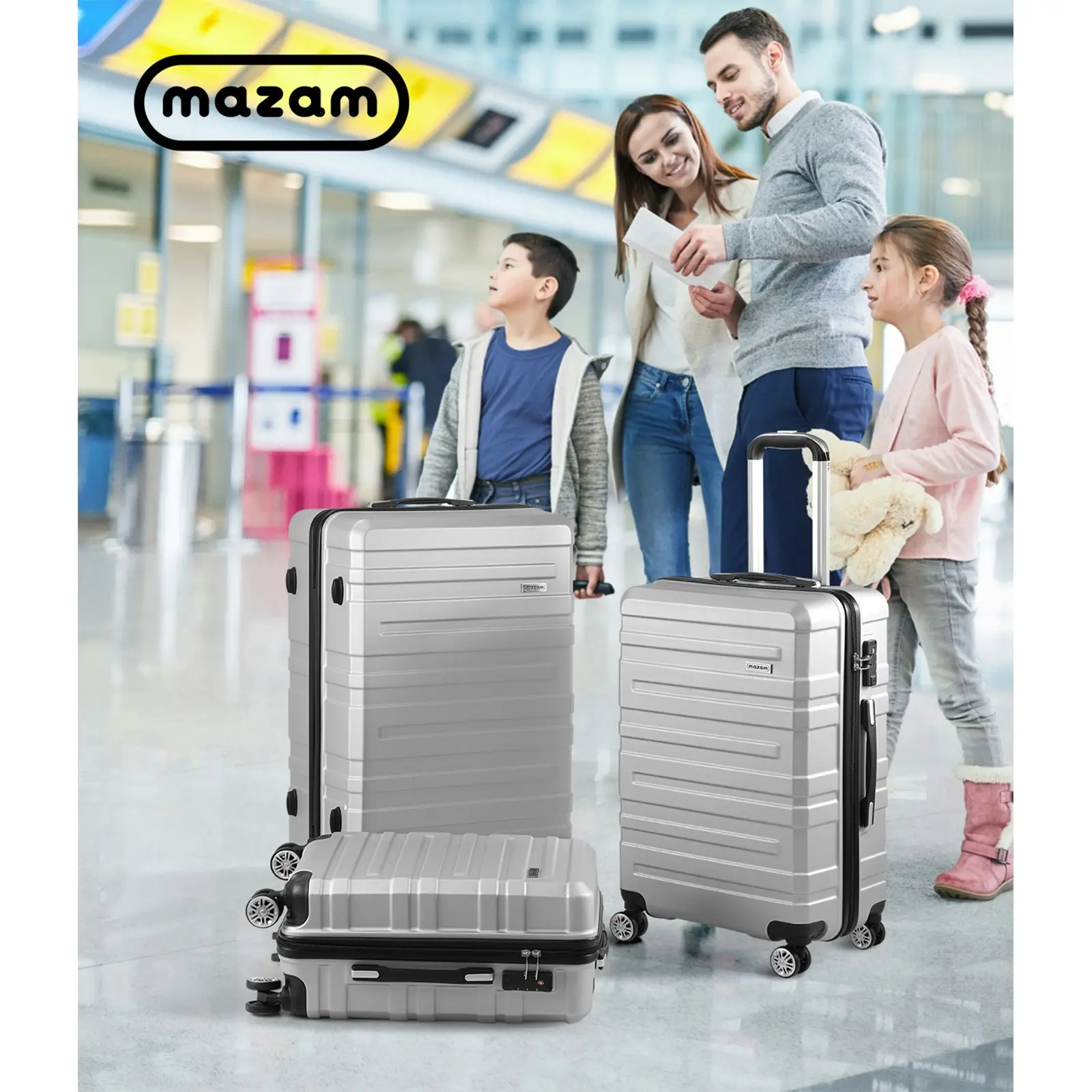 Mazam 3PCS Luggage Suitcase Trolley Set Travel TSA Lock Storage Hard Case Silver