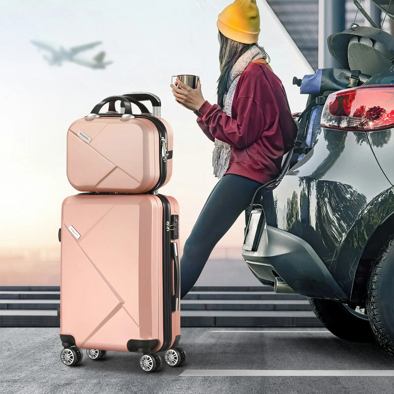 Mazam 2PCS Luggage Suitcase Trolley Set Travel TSA Lock Storage Hard Case Pink