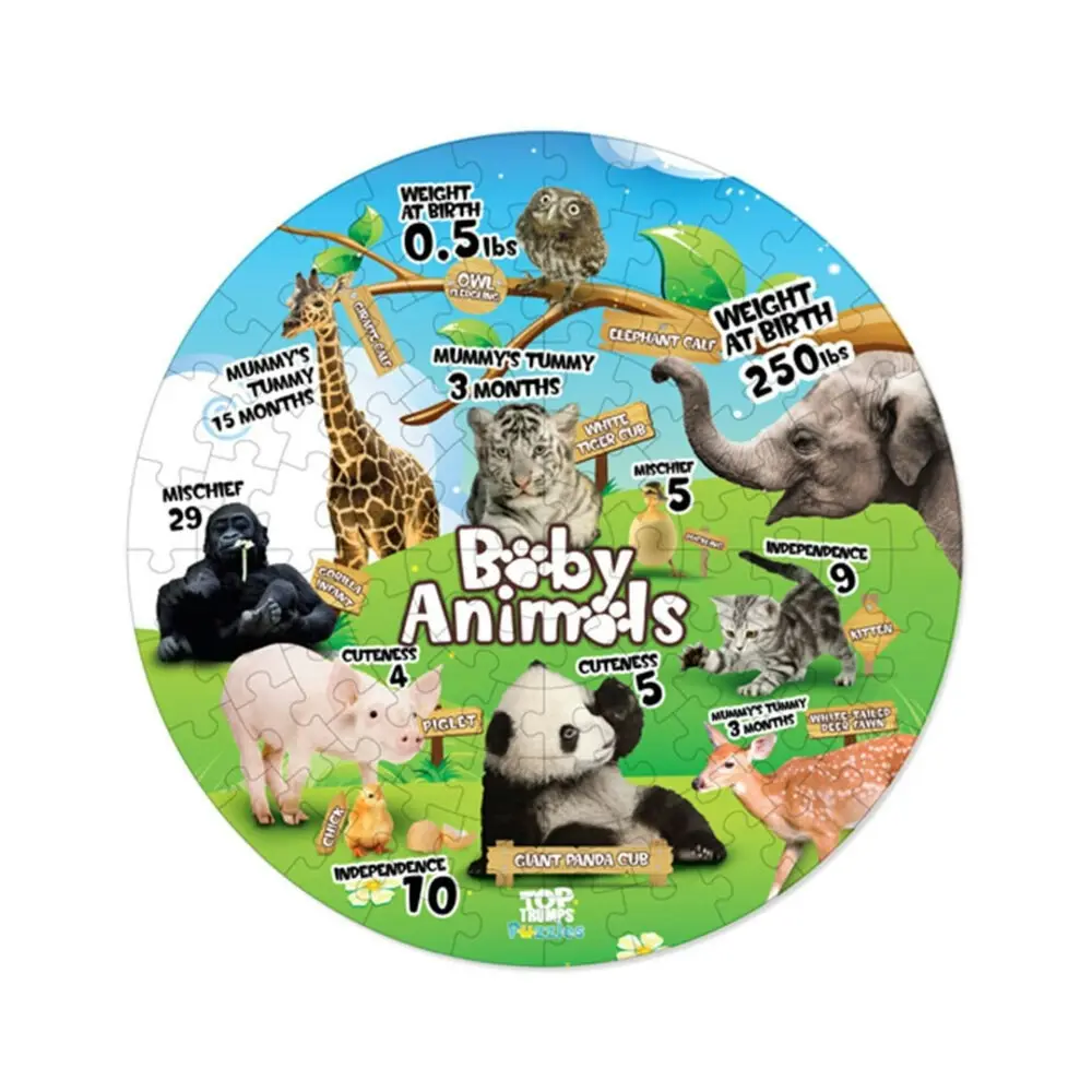 100pc Top Trumps Round Baby Animals Double Sided Puzzles w/ Crayons Kids Toys