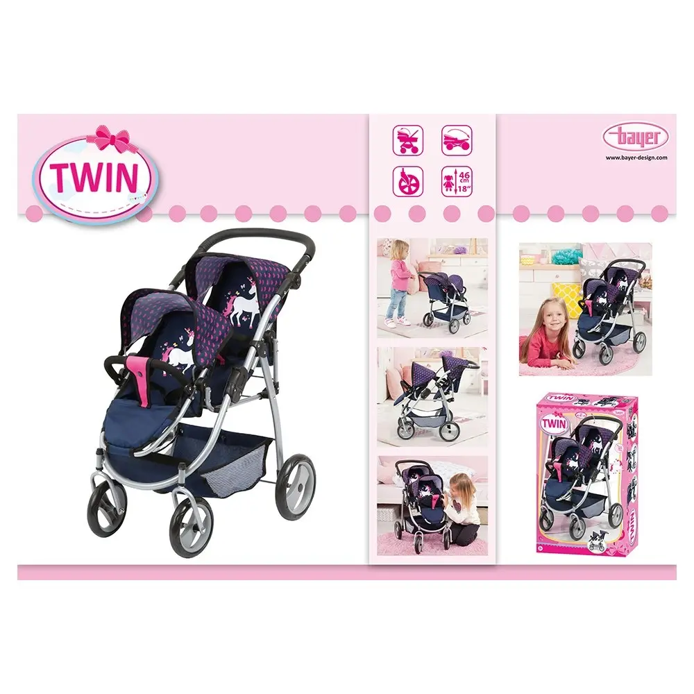 Bayer 73cm Twin Tandem Doll Pram/Stroller Blue/Pink 3y+ Kids Pretend Parent Toy