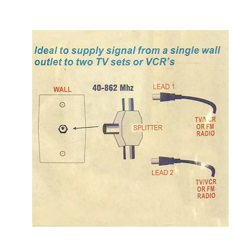 TV/FM Radio 2 Way Antenna Splitter Coax RG59 Adapter 1 Male Plug to 2 Female