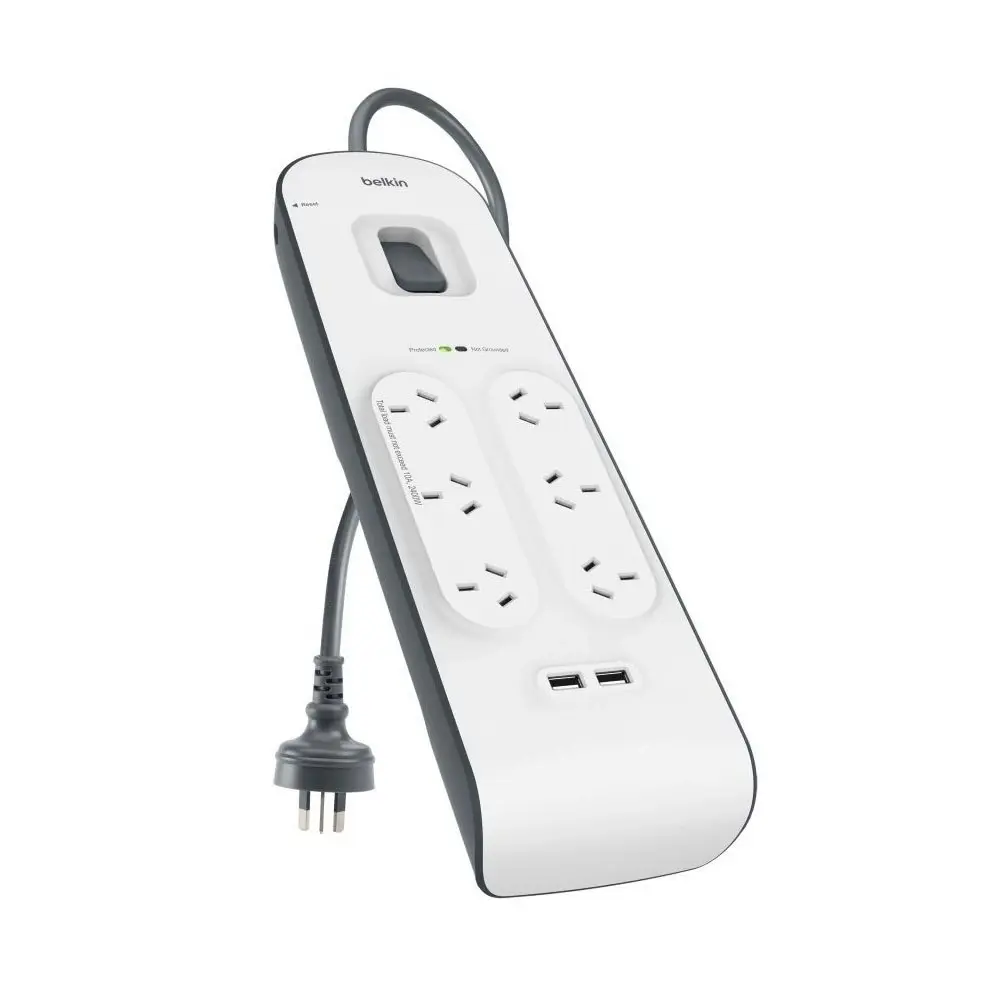 Belkin 6 Way Outlet Surge Protector 2M Power Board 2.4A w 2 USB Ports Charger