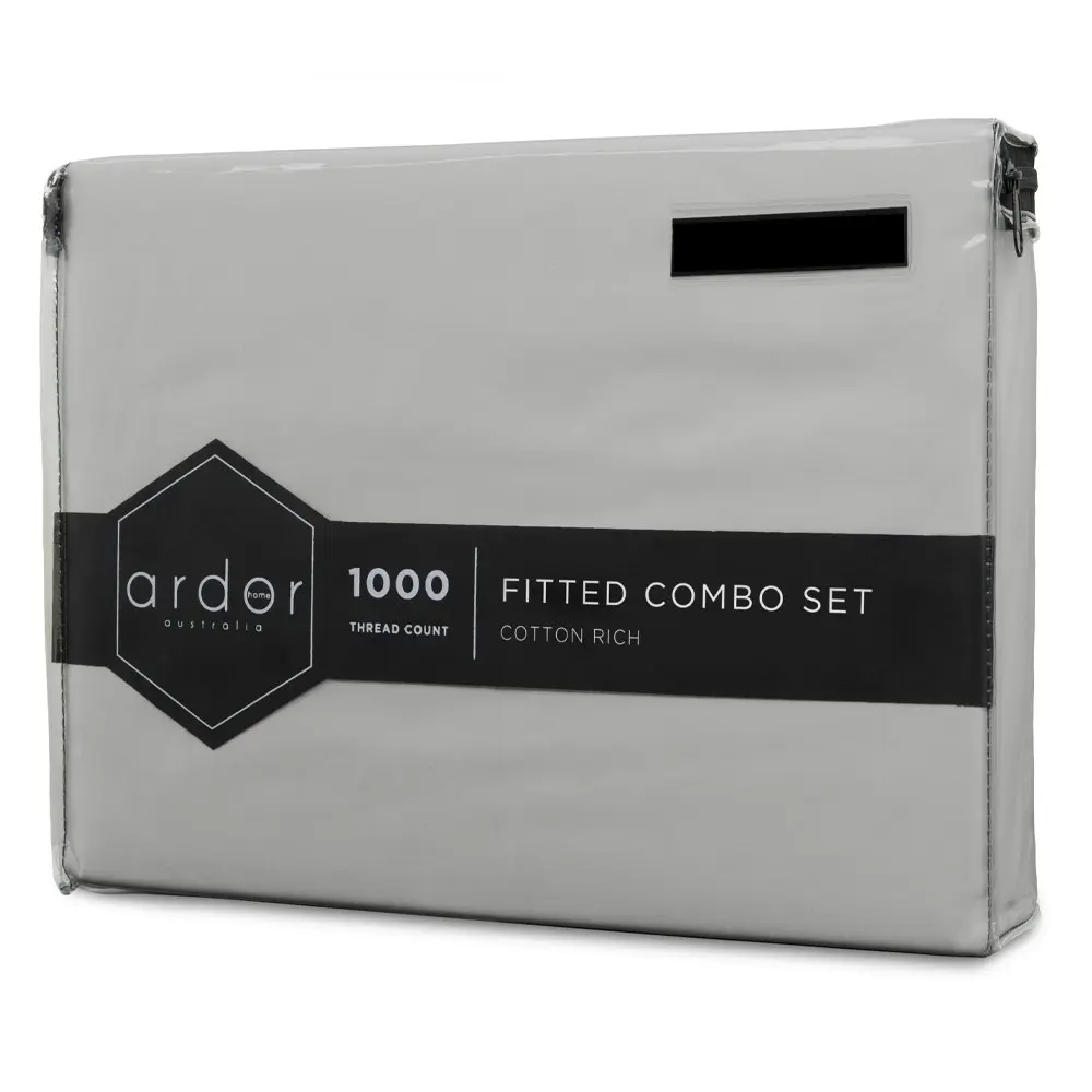 Ardor 1000TC Fitted Combo Double Bed Sheet w/ 2x Pillowcases Home Bedding Silver