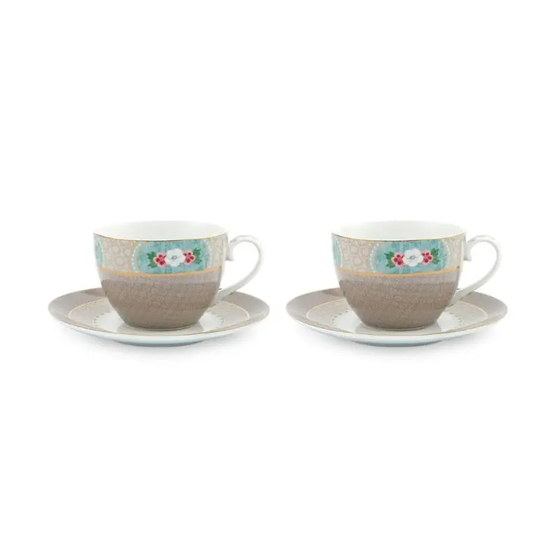 PIP Studio Blushing Birds Porcelain Khaki 280ml Tea Cup and Saucer Set of 2