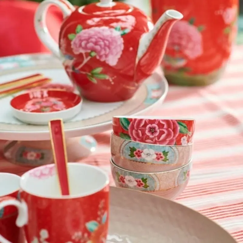 PIP Studio Blushing Birds Porcelain Red Tea Cup and Saucer Set of 2