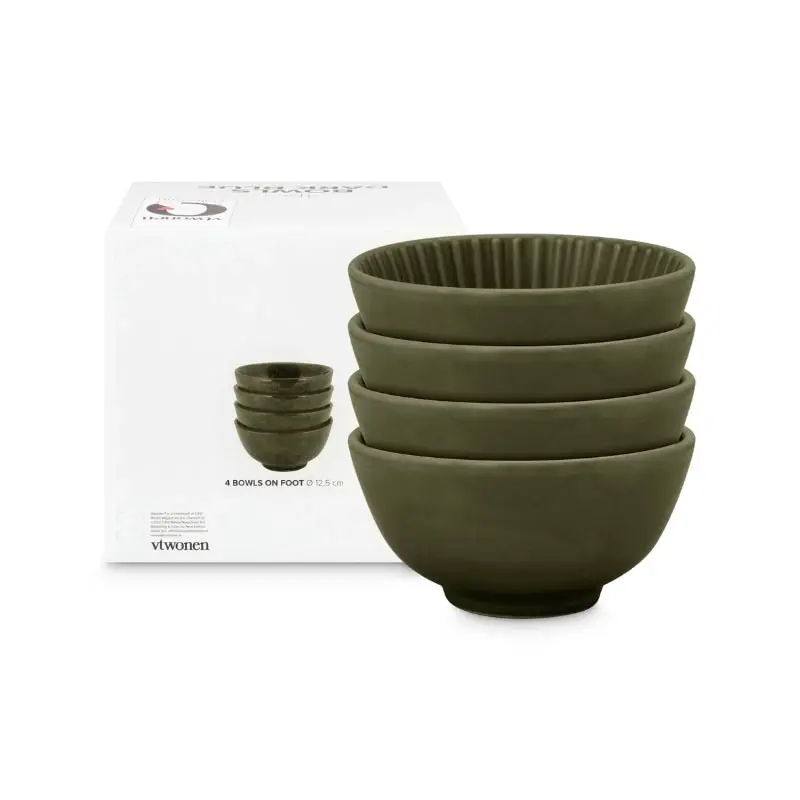 VTWonen Relievo Dark Green 12.5cm Bowls on Foot Set of 4