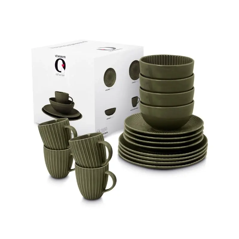 VTWonen Relievo Dark Green Dinnerware Set of 16