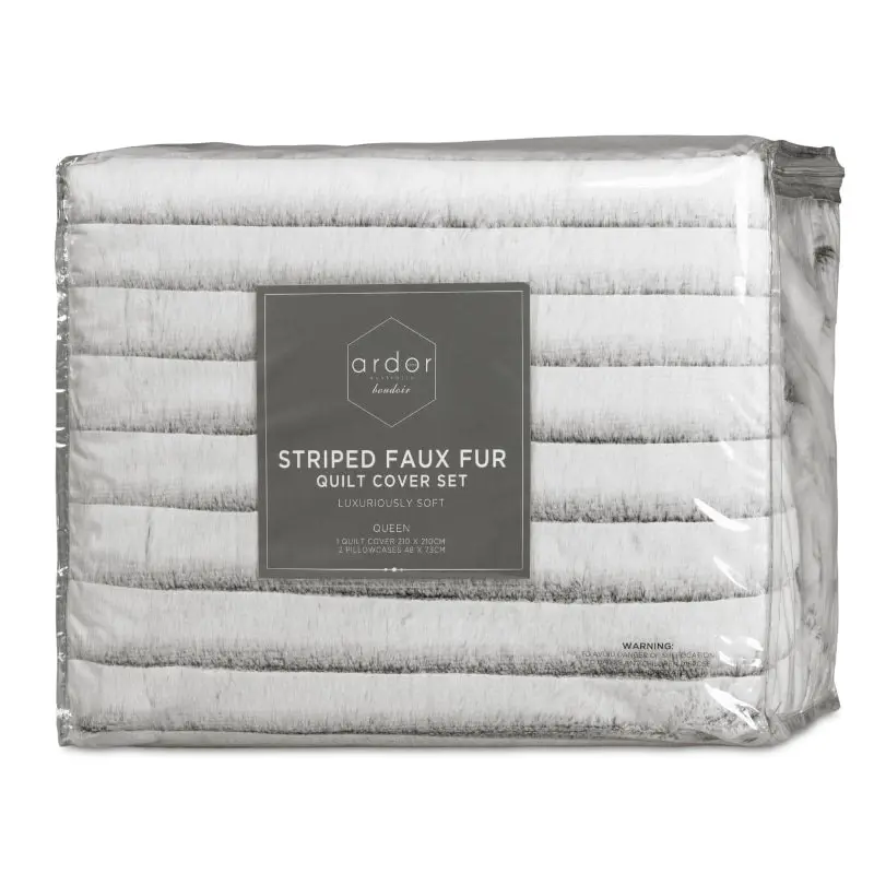 Ardor Boudoir Striped Faux Fur Grey Quilt Cover Set