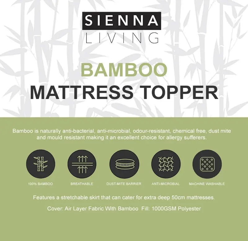 Sienna Living Hotel Bamboo Luxury 1000GSM Single Mattress Topper