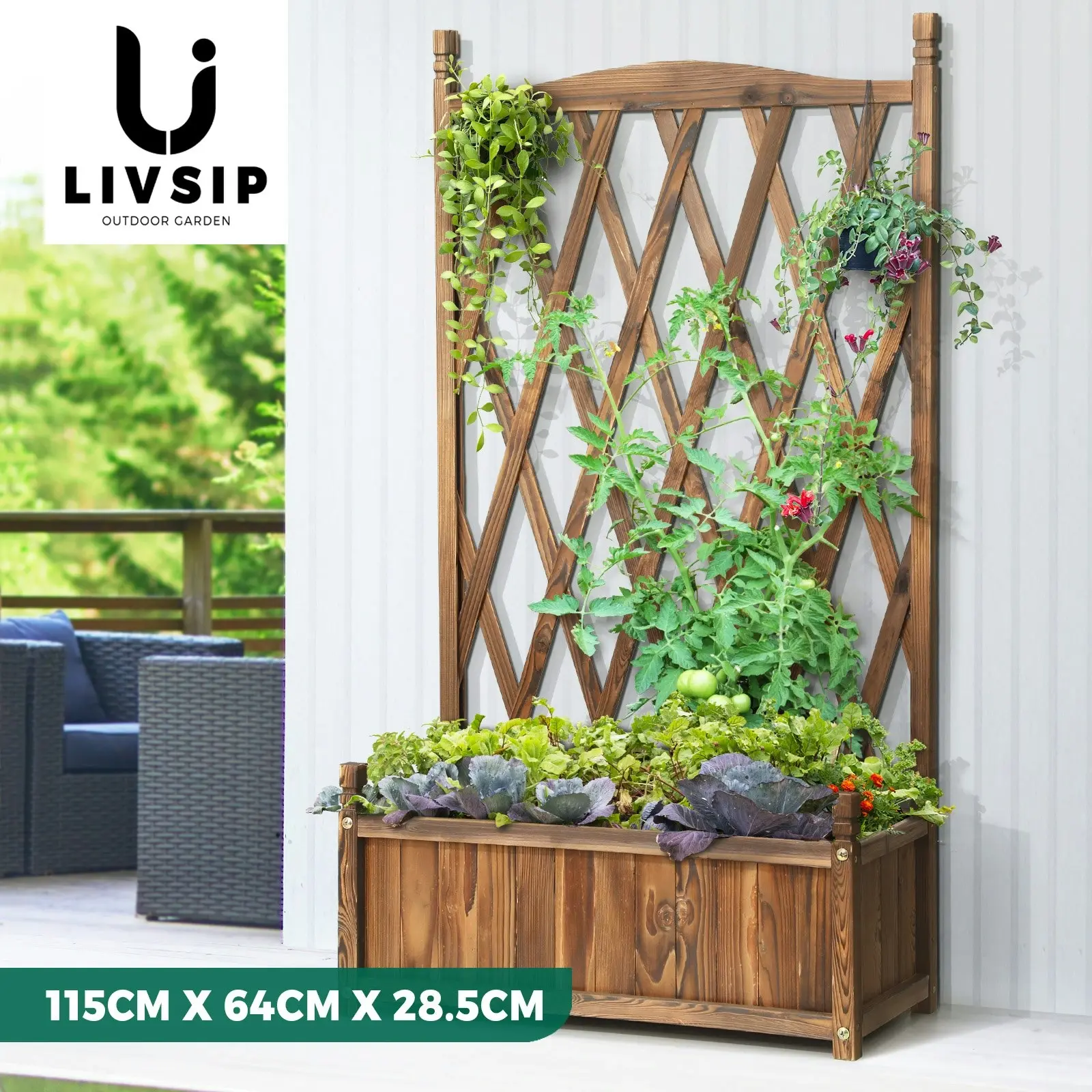 Livsip Raised Garden Bed Wooden Vegetables Planter Box Outdoor Planting 64x115cm Charcoal