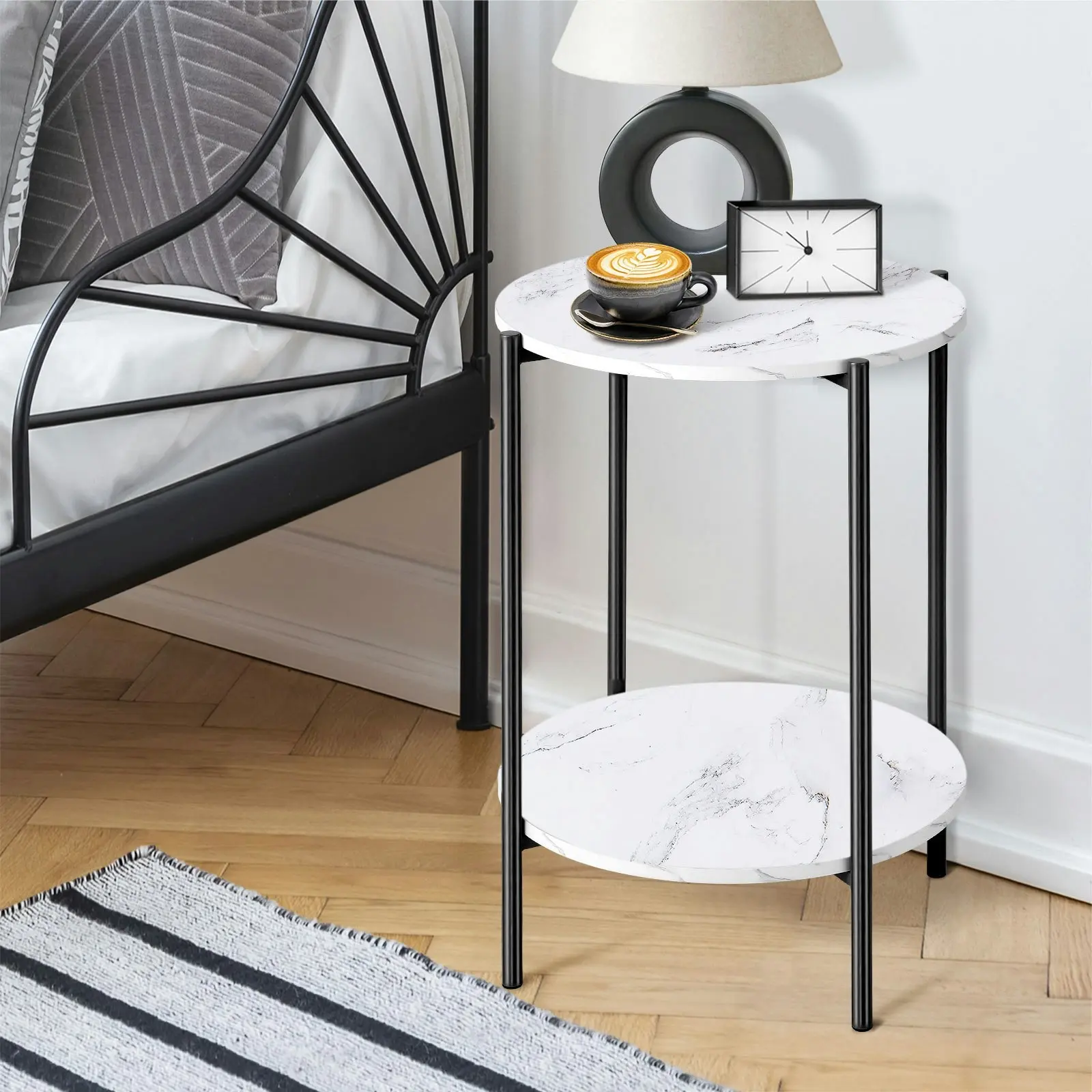 Oikiture Coffee Side End Table Sofa Bedside Nightstand Round Dual-Tier Marble Black