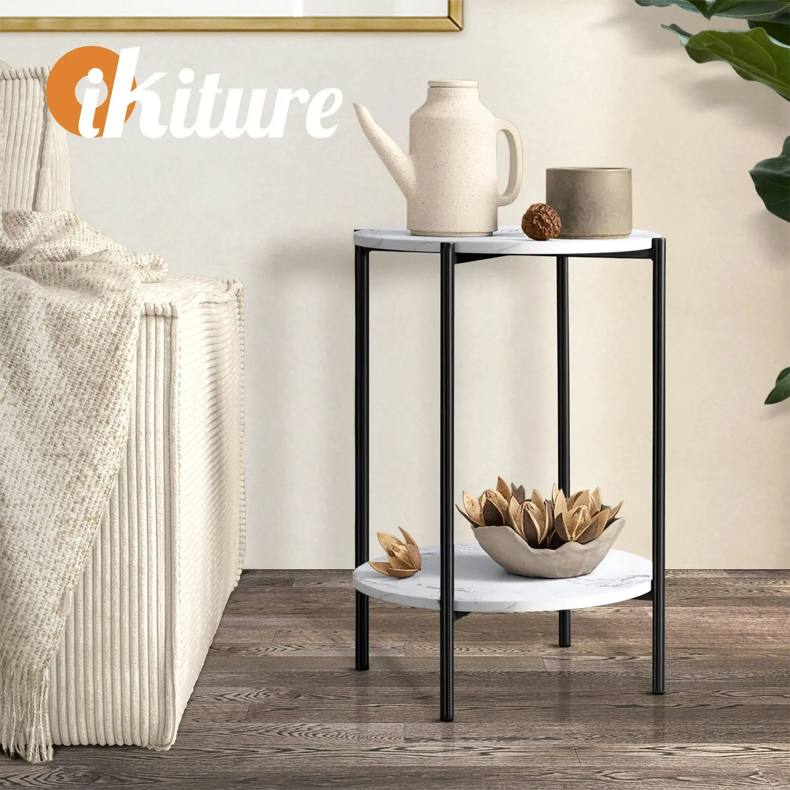 Oikiture Coffee Side End Table Sofa Bedside Nightstand Round Dual-Tier Marble Black