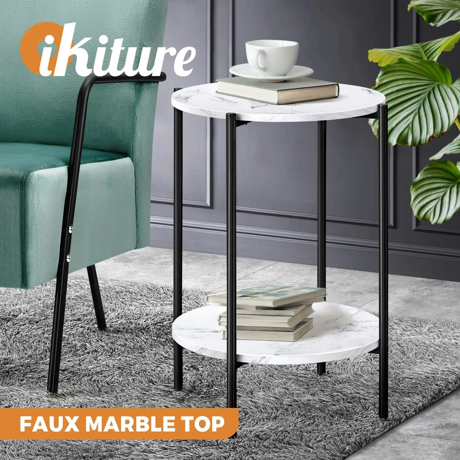 Oikiture Coffee Side End Table Sofa Bedside Nightstand Round Dual-Tier Marble Black