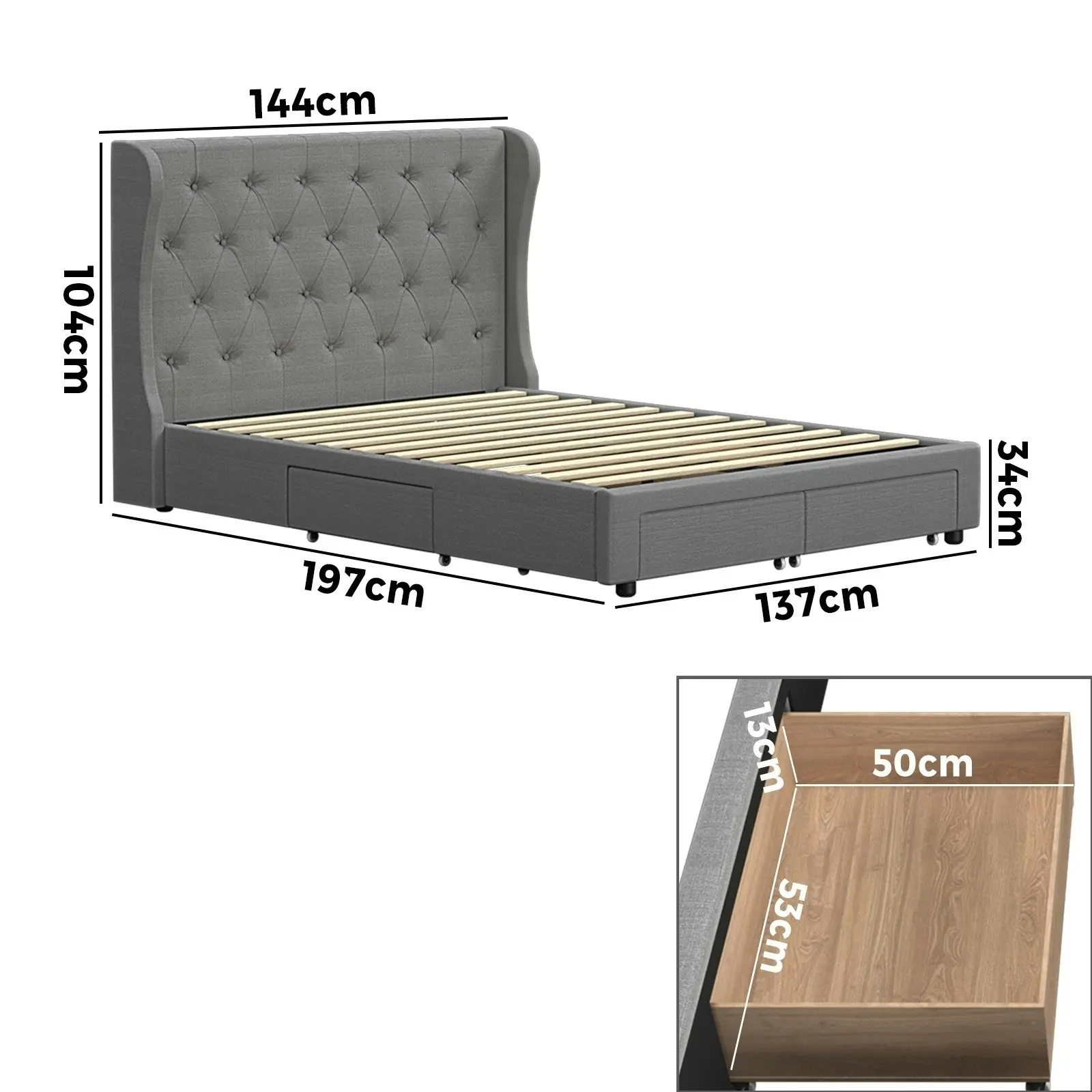 Oikiture Bed Frame Double Size Base With 4 Storage Drawers