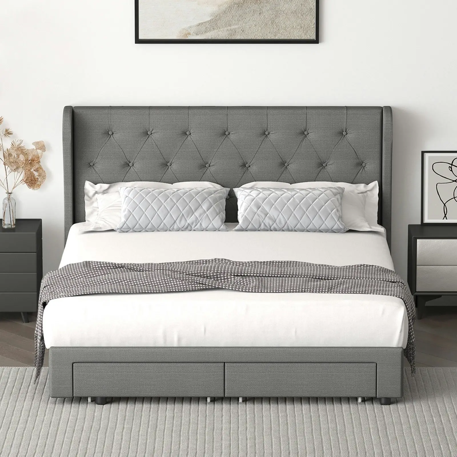 Oikiture Bed Frame Double Size Base With 4 Storage Drawers