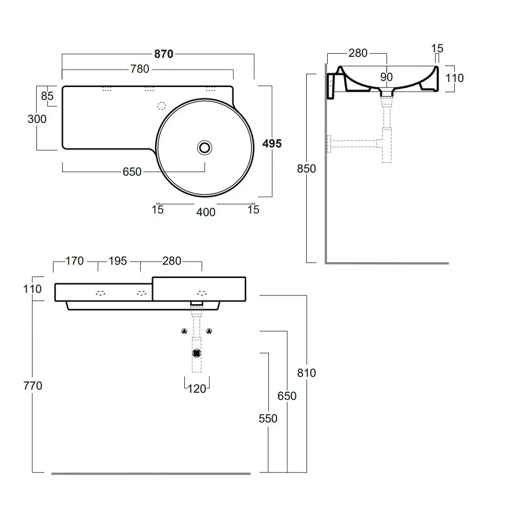 Simas FL05 87SK Tondo Flow 87 Ceramic Wall-Hung Washbasin 1 Tap Hole Gloss-White