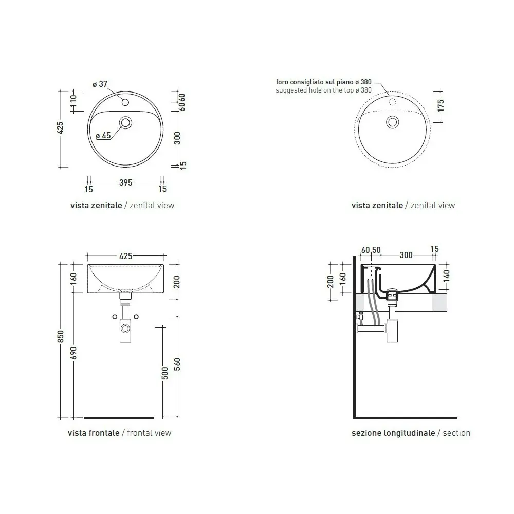 Flaminia Twinset Benchtop 42 Home/Bathroom Round Basin/Sink 1 Tap Hole White