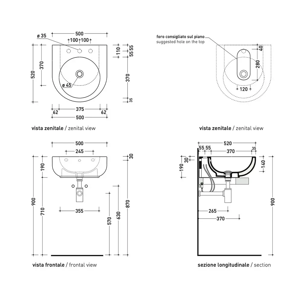 Flaminia Twinset 52 Countertop Mount/Wall Hung Home Bathroom Basin/Sink NTH WHT