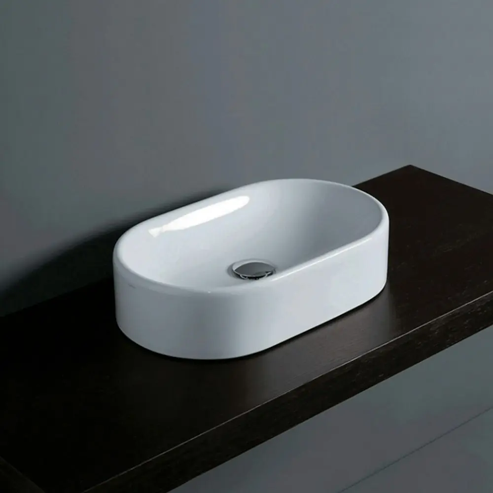 Simas FL13 Flow Ovale Ceramic Counter-Top Wash-Basin No Tap Hole Gloss White