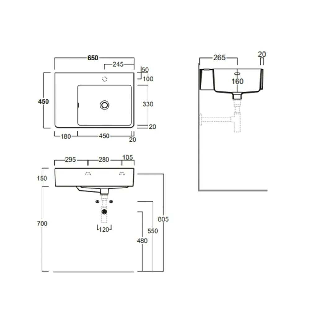 Simas QU65D Quasar Vasca 65 Ceramic Wall-Hung Wash-Basin Right Side TH White