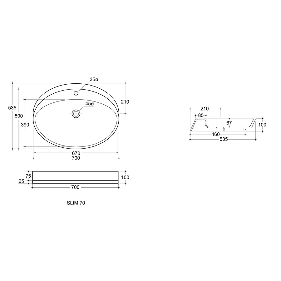 NIC Design Slim Bathroom/Home Ceramic Countertop Mount Basin White 70cm SL70