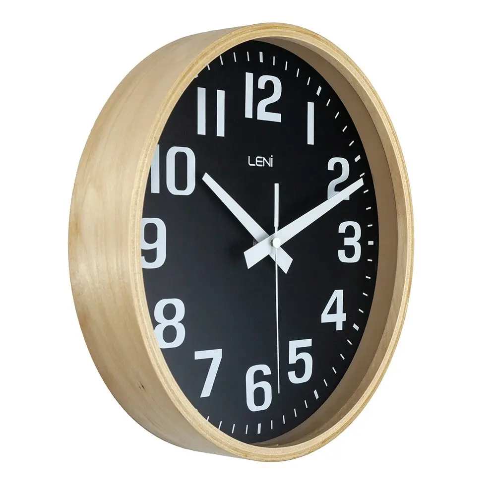 Leni 26cm Analogue Silent Modern Wood Wall Large Contrast Marking Face Clock BLK