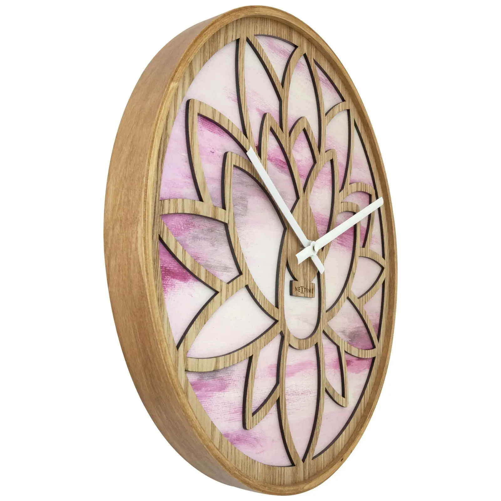 NeXtime Lotus Wood Analogue 40cm Hanging Wall Clock Decor Silent Sweep Pink