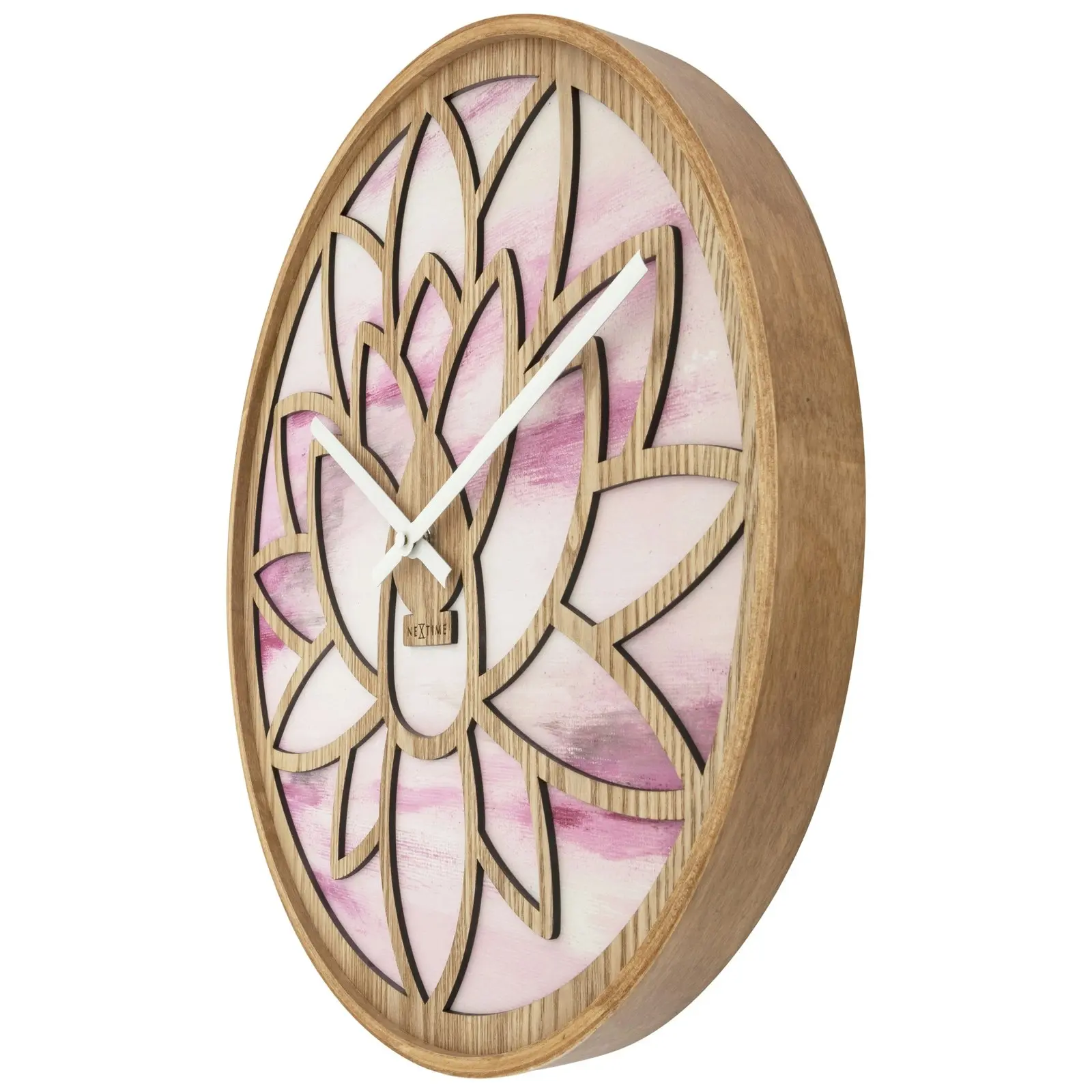 NeXtime Lotus Wood Analogue 40cm Hanging Wall Clock Decor Silent Sweep Pink