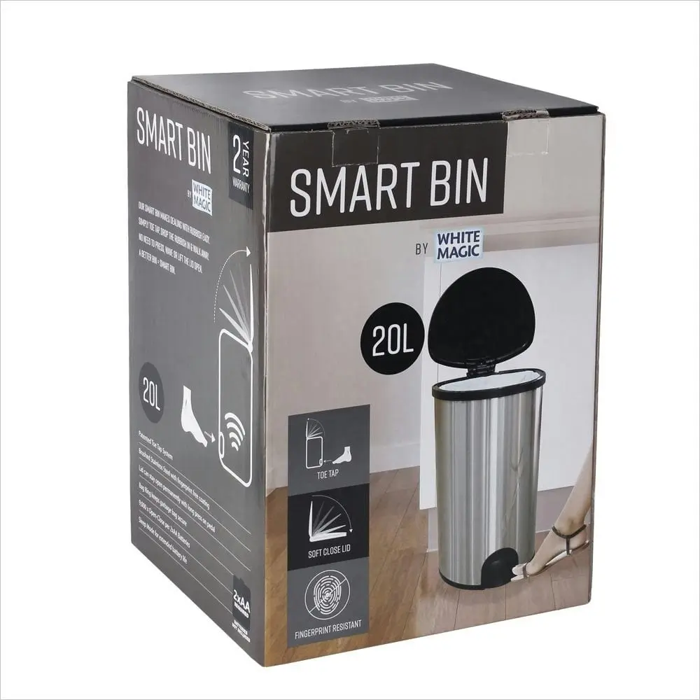 White Magic 20L Smart Bin Toe Tap Rubbish Can Foot Pedal Trash Container Silver