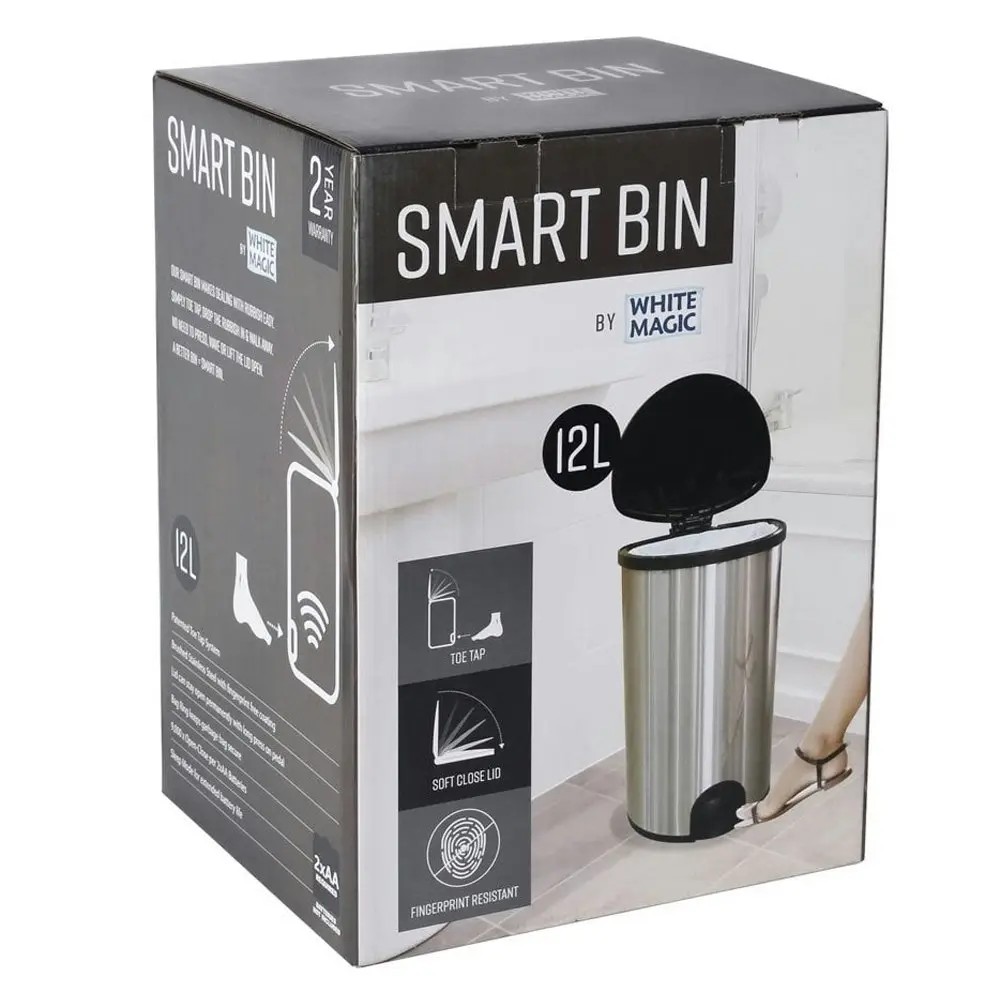 White Magic 12L Smart Bin Toe Tap Rubbish Can Foot Pedal Trash Container Silver