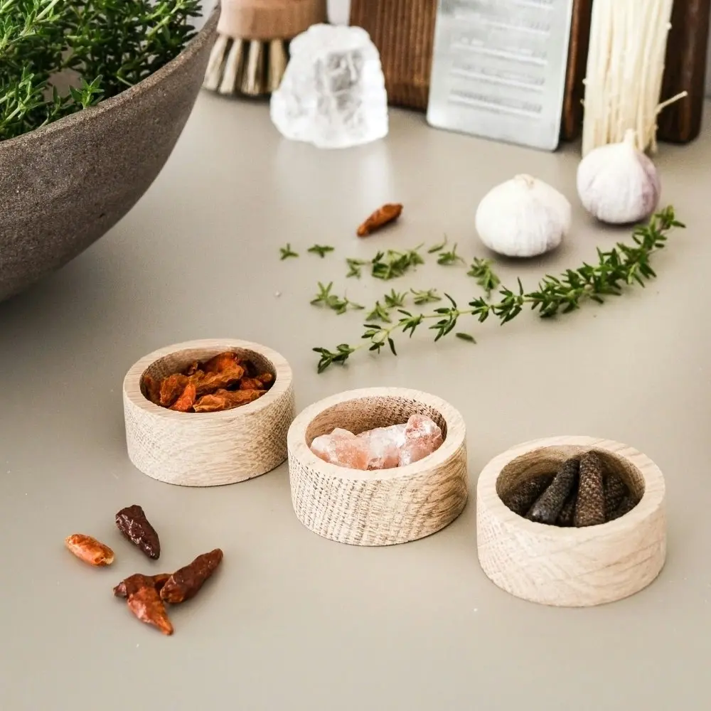 3pc Rivsalt Premium Oak Wood Spice Bowls Salt/Peppers/Chilli Cooking/Seasoning