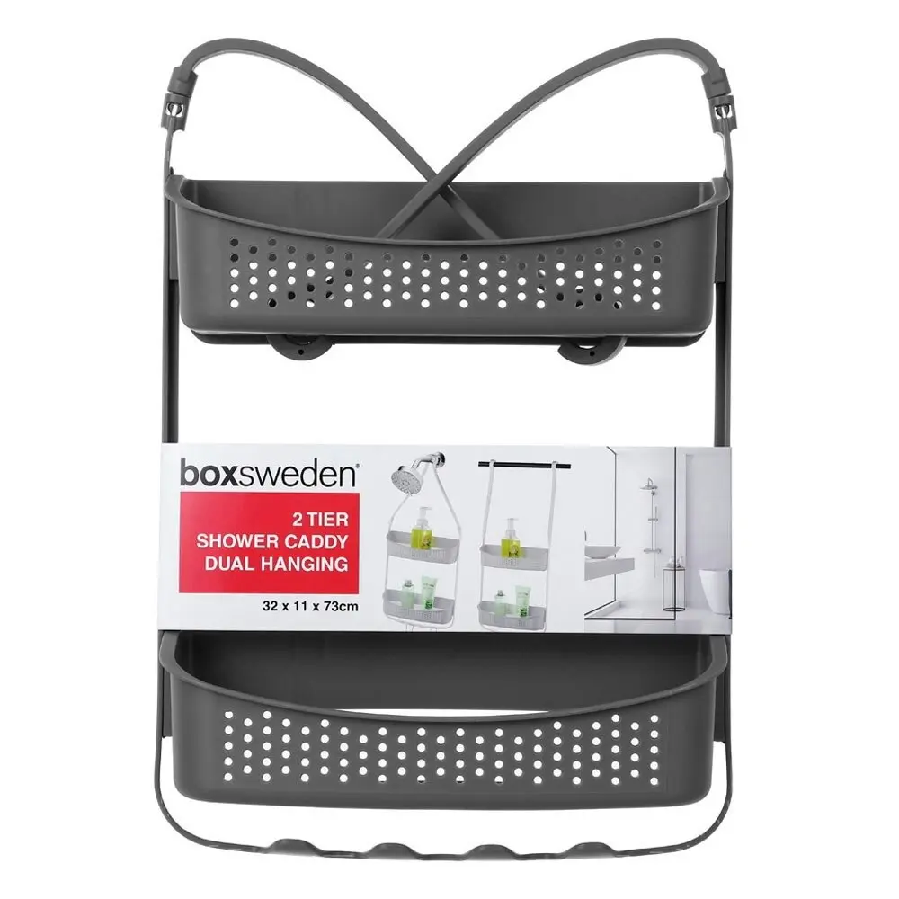 Boxsweden 2 Tier Shower Caddy Plastic Dual Hanging Storage Bath Organiser Grey