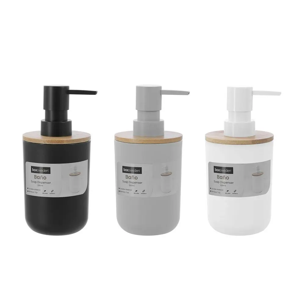 3x Boxsweden Bano Soap Dispenser 330ml Bamboo Top 7.5x16cm BPA Free Assorted