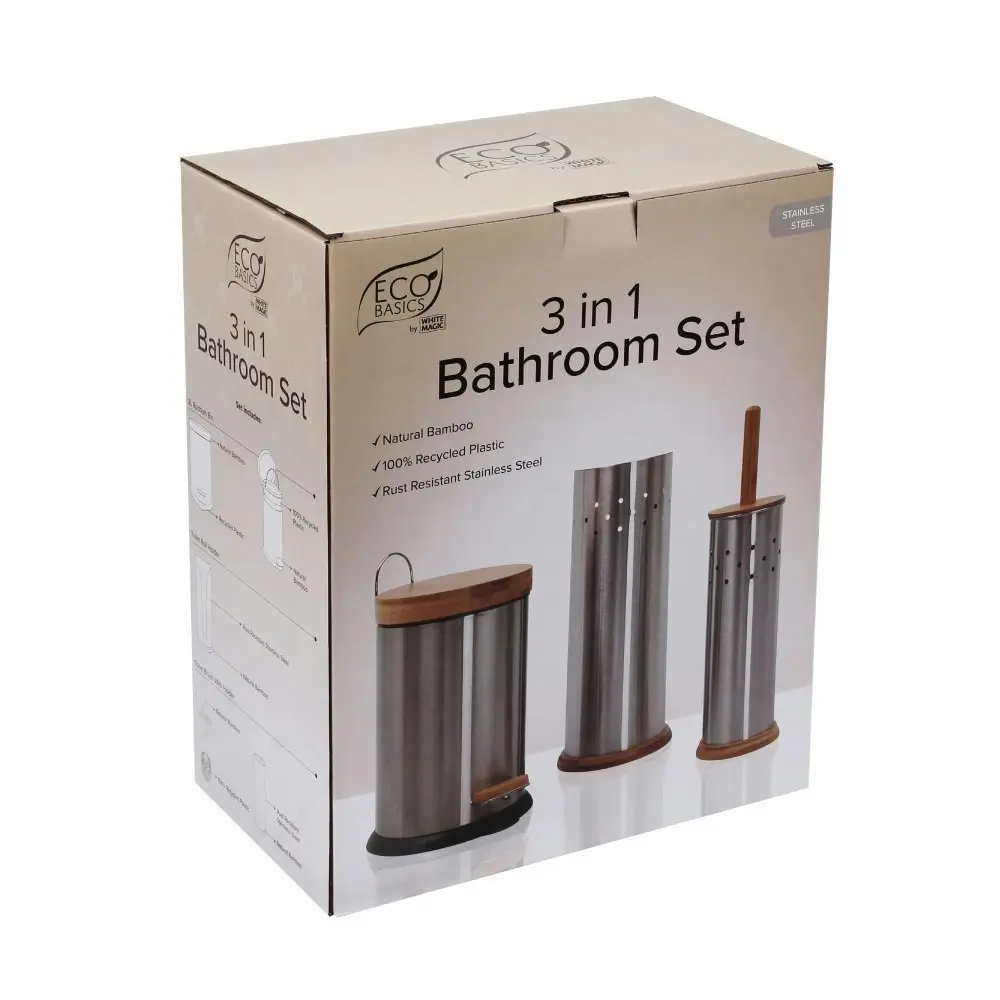 Eco Basics 3-in-1 Bathroom Toilet/Roll Holder/3L Rubbish Bin Set Stainless Steel