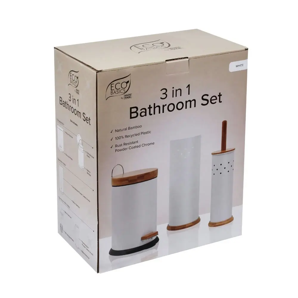 Eco Basics 3-in-1 Bathroom Toilet/Roll Holder Storage/3L Rubbish Bin Set White