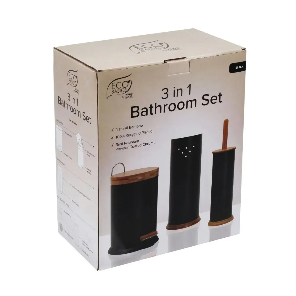 Eco Basics 3-in-1 Bathroom Toilet/Roll Holder Storage/3L Rubbish Bin Set Black