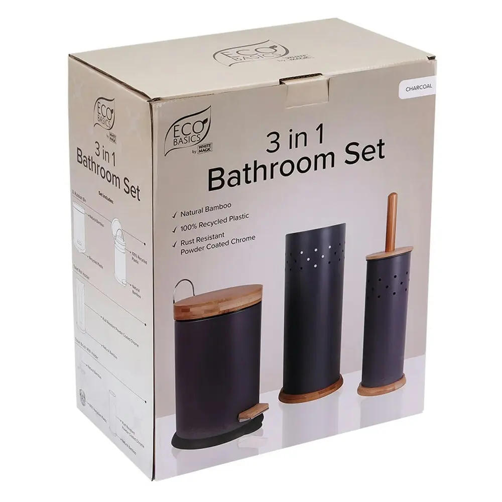 Eco Basics 3in1 Bathroom Toilet/Roll Holder Storage/3L Rubbish Bin Set Charcoal