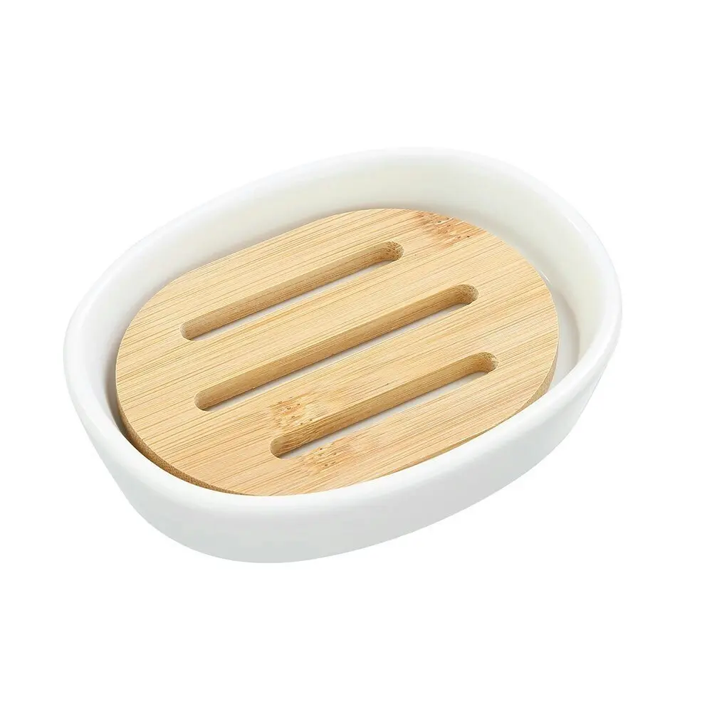 3x Boxsweden Bano 12.5x9.5cm Ceramic Soap Dish Drain Holder w/ Bamboo Base White