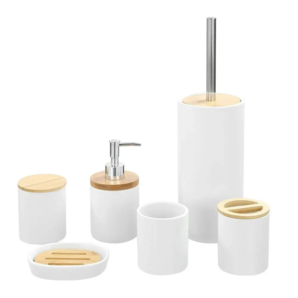 3x Boxsweden Bano 12.5x9.5cm Ceramic Soap Dish Drain Holder w/ Bamboo Base White