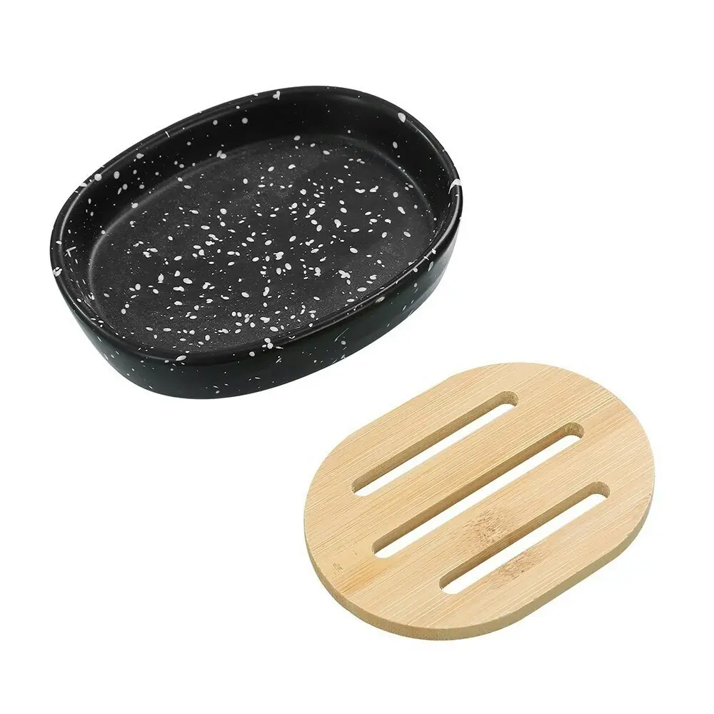 3x Boxsweden Bano 12.5x9.5cm Ceramic Soap Dish Holder w/ Bamboo Base BLK Speckle