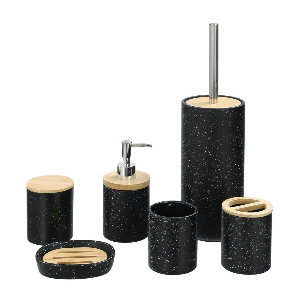 3x Boxsweden Bano 8x10cm Ceramic Bathroom Cup Holder w/ Bamboo Lid Black Speckle