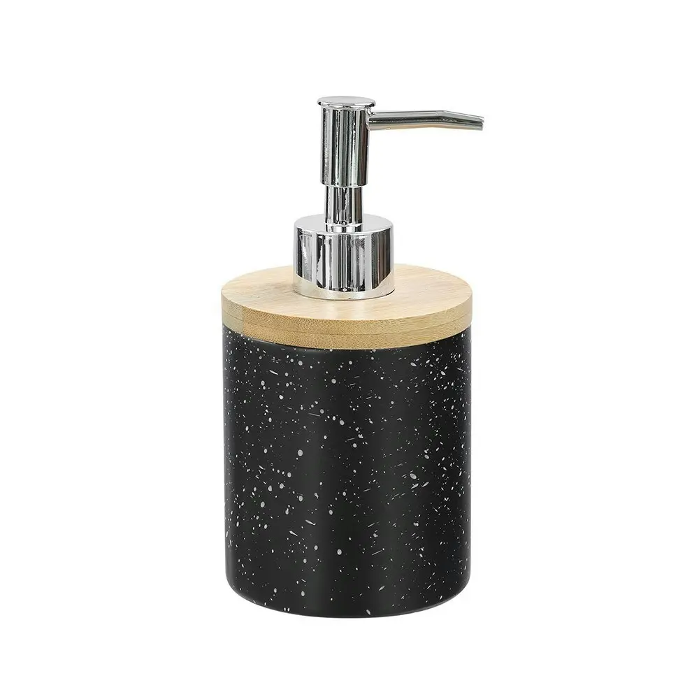 3x Boxsweden Bano 8x16cm Bathroom Ceramic Soap Dispenser Bamboo Top BLK Speckle