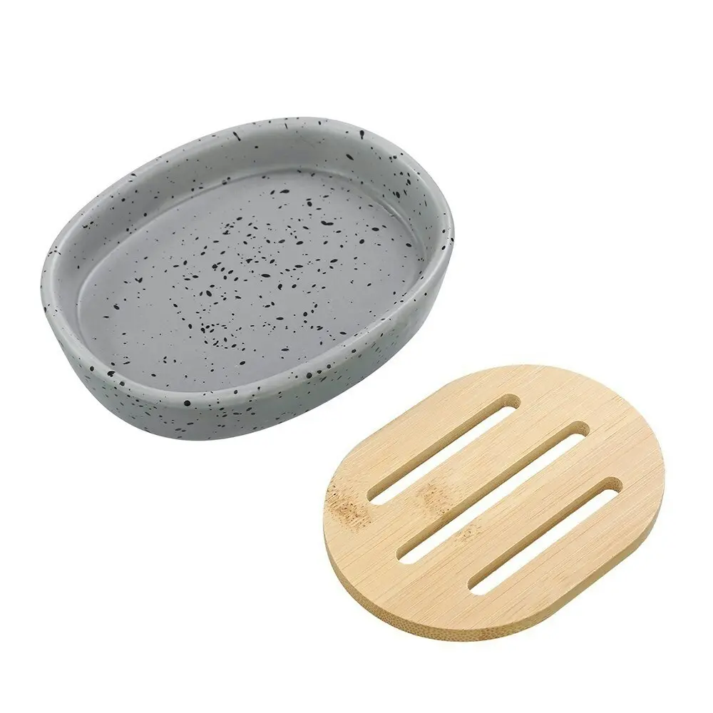 3x Boxsweden Bano 12.5x9.5cm Ceramic Soap Dish Holder w/ Bamboo Base GRY Speckle