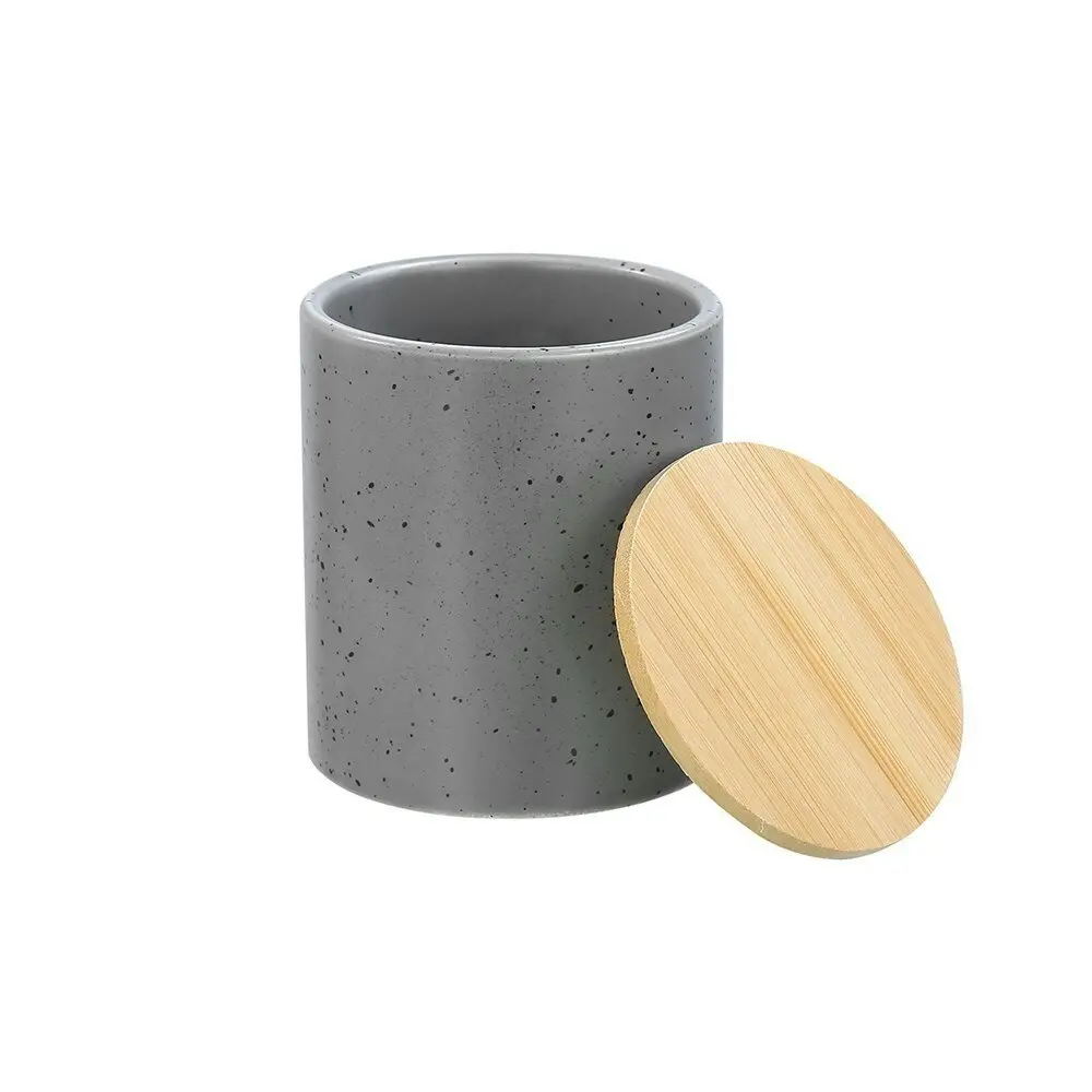 3x Boxsweden Bano 8x10cm Ceramic Bathroom Cup Holder w/ Bamboo Lid Grey Speckle