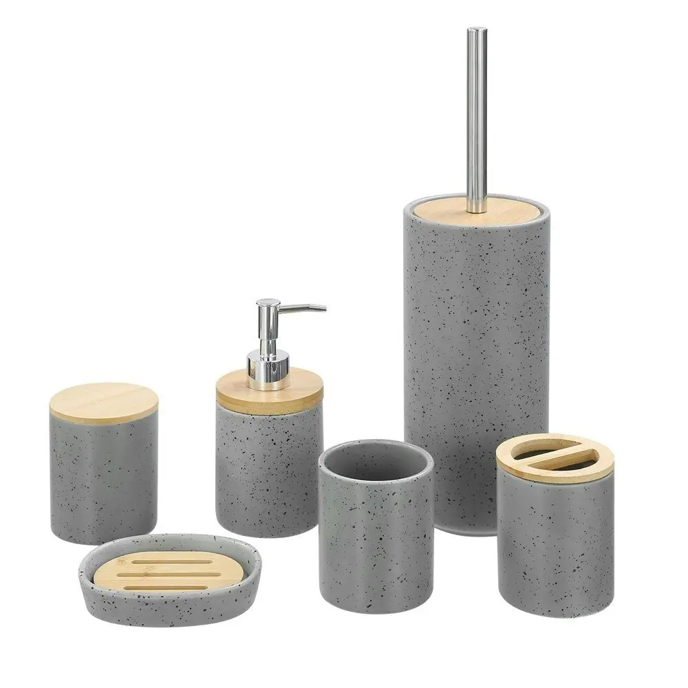 3x Boxsweden Bano 8x10cm Ceramic Bathroom Cup Holder w/ Bamboo Lid Grey Speckle