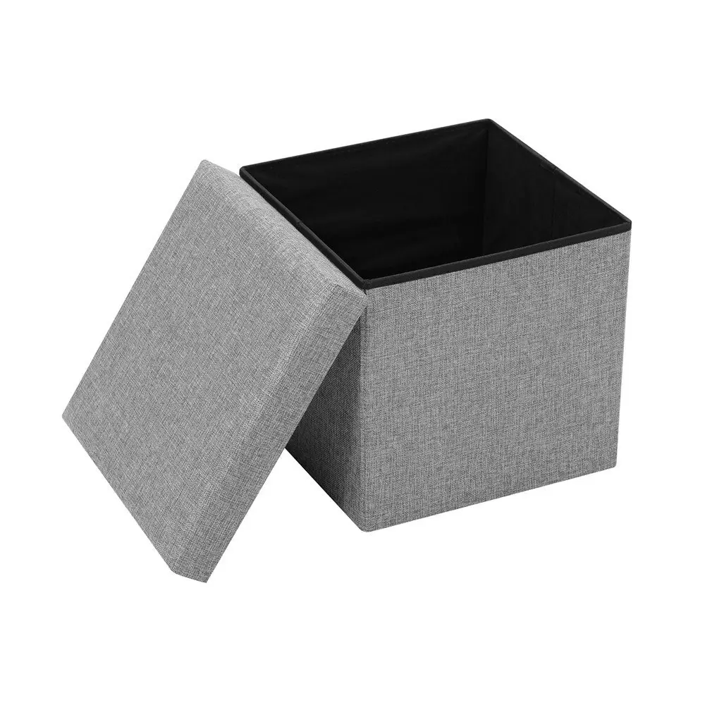 Boxsweden 38x36cm Ottoman Storage Cube Faux Linen Home Organiser/Stool Grey