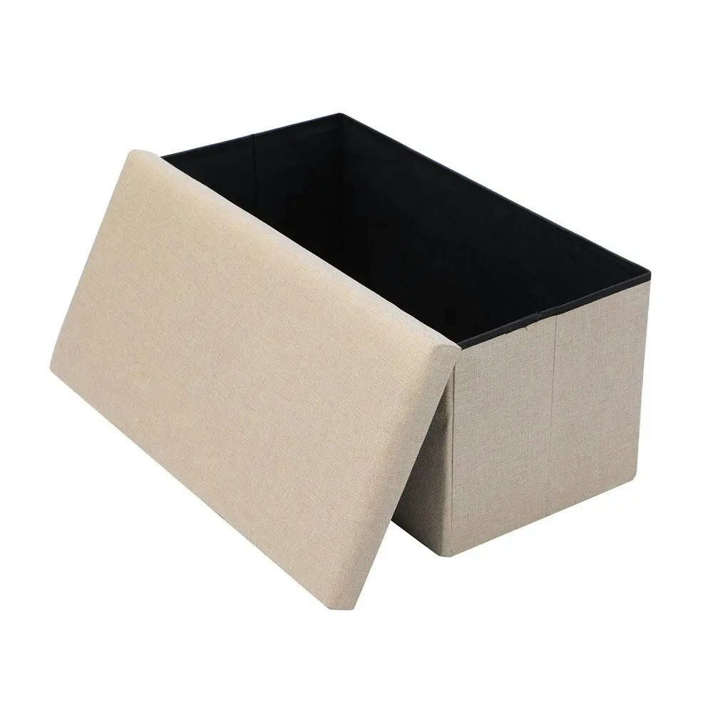 Boxsweden 76x36cm Ottoman Storage Cube Faux Linen Home Organiser/Stool Cream