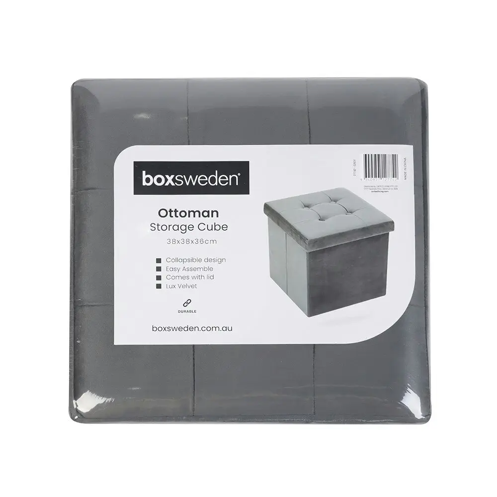 Boxsweden 38x36cm Ottoman Storage Cube Faux Velvet Home Organiser/Stool Grey